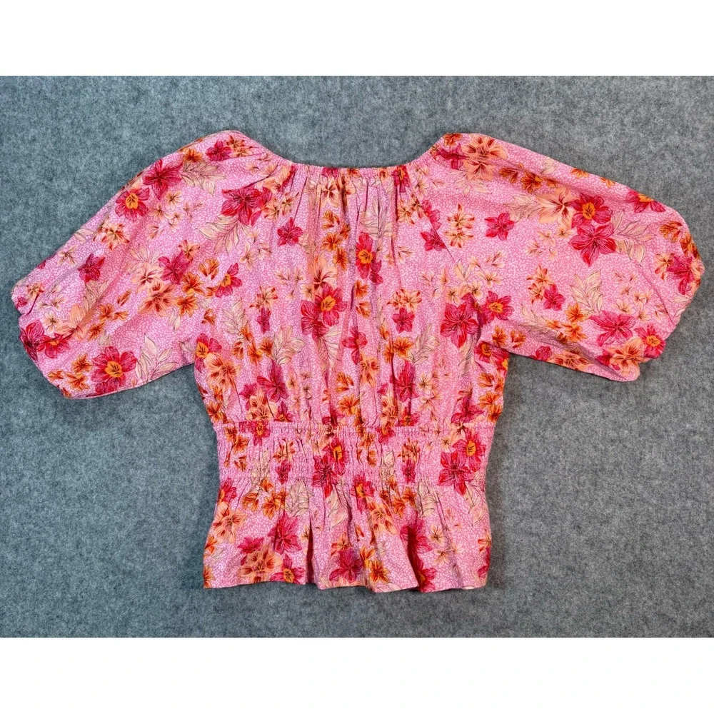 LOFT Pink Floral Smocked Peplum Blouse Puff Sleeve Square Neck Top Womens